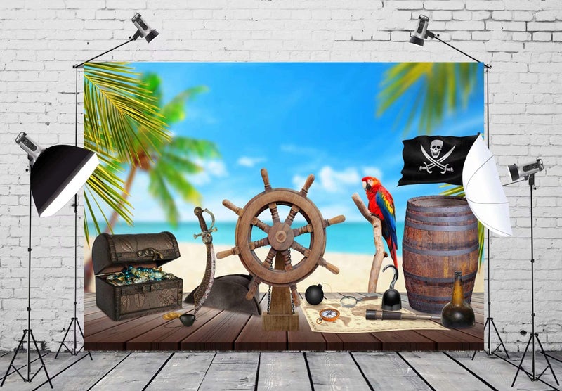 BELECO 7x5ft Fabric Pirate Backdrop for Photography Beach Pirate Ship Wooden Rudder Treasure Map Jewelry Box Barrel Parrot Background Halloween Pirate Party Decor Kids Birthday Photoshoot Photo Props - Image 3